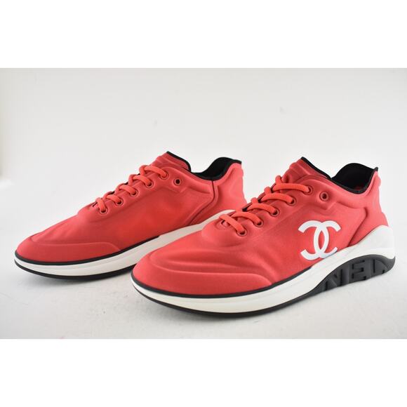 Chanel Mens 19P Red Lycra White Black CC Logo Lace Low Top Trainer Sneaker 43 10 - Picture 10 of 12